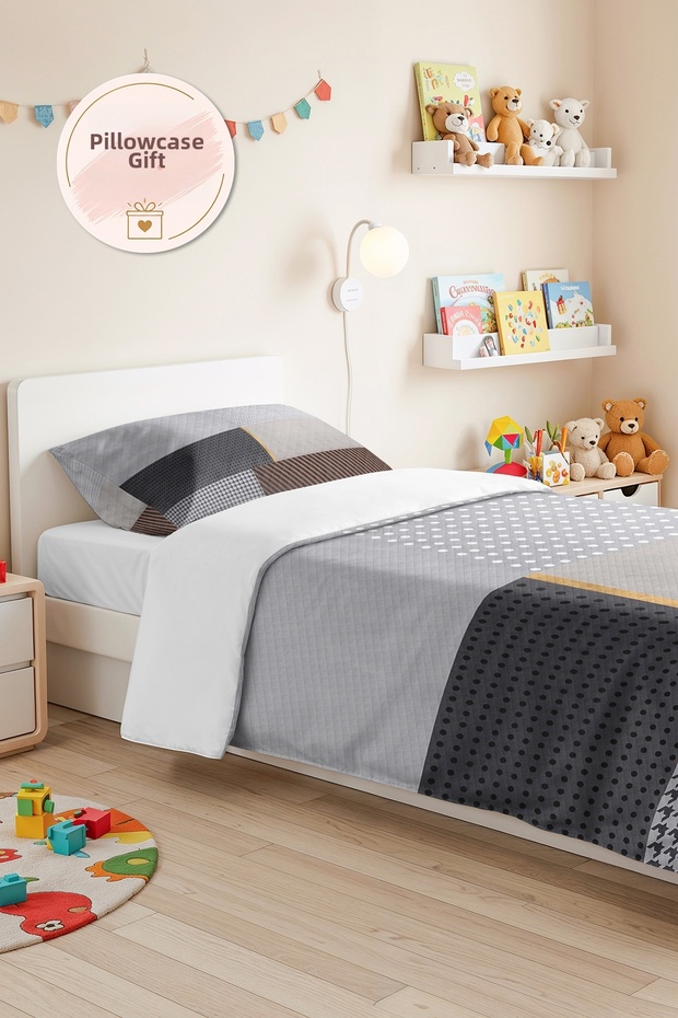 Gray Geometric Young Room Single Pique Set - Anthracite Copper 160X220 cm Quilted Bedspread