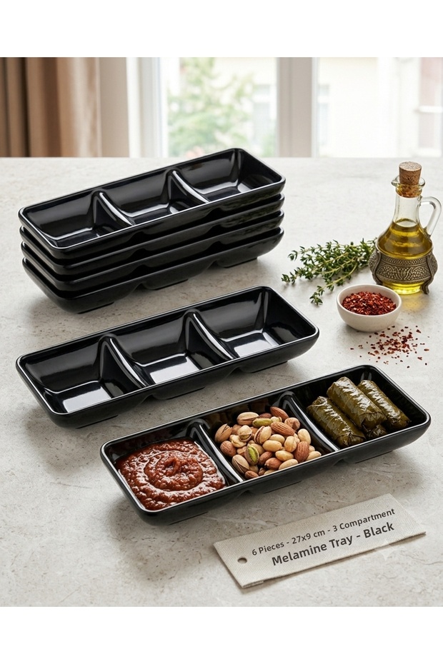 6 Pieces Black Melamine Sauce Bowl with 3 Compartments - Breakfast, Appetizer and Serving Set 27X 9 cm