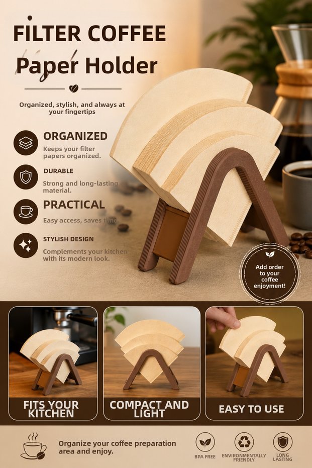 Filter Coffee Paper Holder | V60 Coffee Filter Organizer Stand | Wooden Look Stylish Coffee Corner Organizer