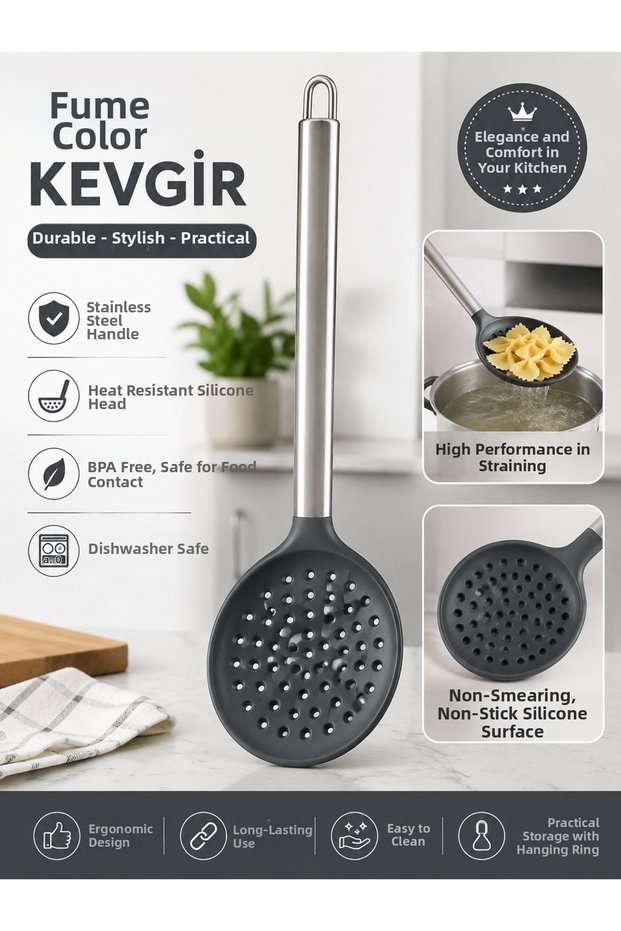 Smoked Silicone Colander with Stainless Steel Handle Heat Resistant Perforated Serving Colander Bpa Free Dishwasher Safe