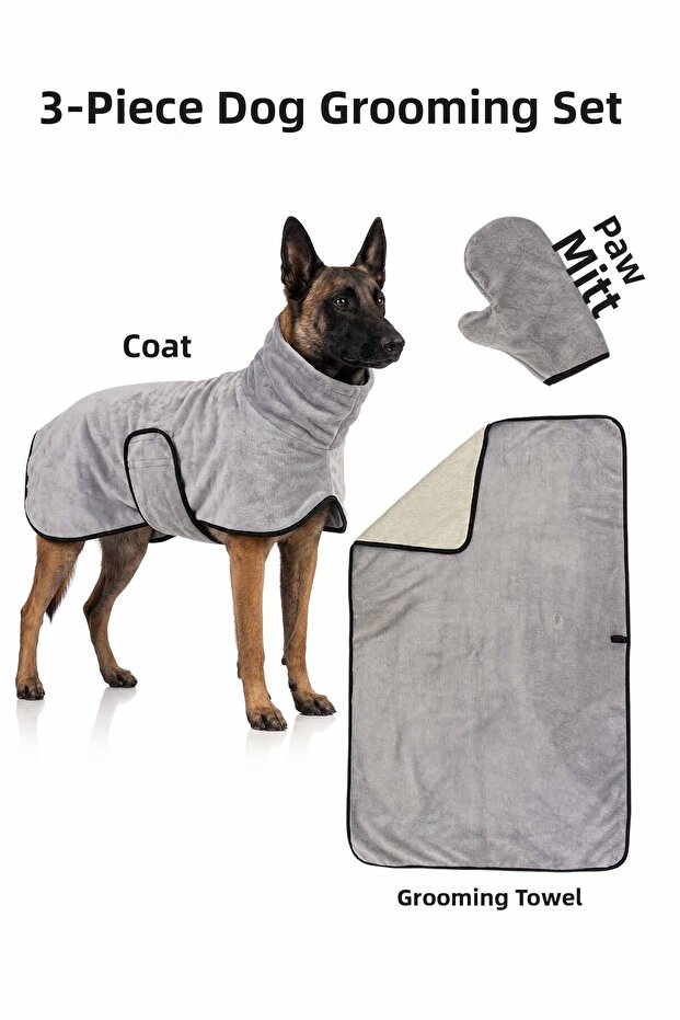 3-Piece Dog Drying Set Bathrobe-Towel-Paw Gloves Super Water Absorbent Summer-Winter Set Light Gray