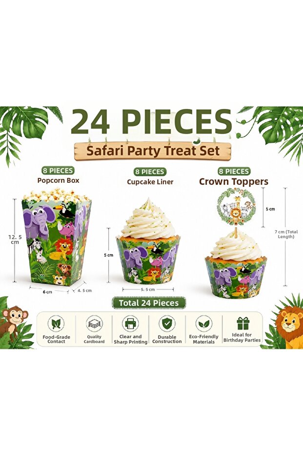 Safari Party Set 24 Pieces – 8 Cupcake Molds, 8 Safari Toothpick Decorations, 8 Popcorn Boxes | Birthday Decorations