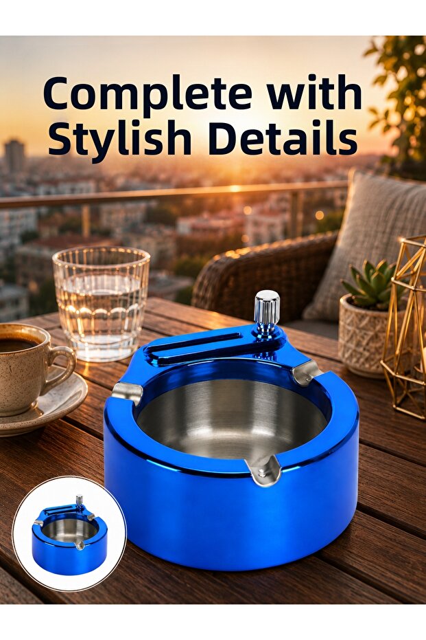 Round Metal Ashtray with Integrated Lighter Durable Construction New Generation