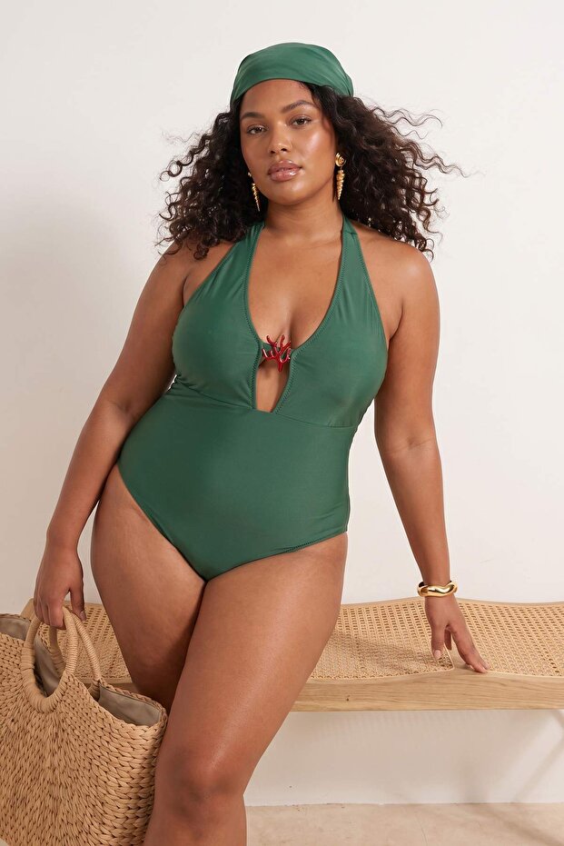 Emerald Green Plus Size Swimsuit with Coral Accessories Tbbss26Am00024