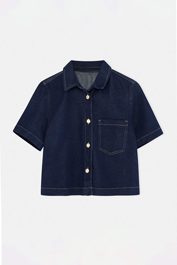 Lacivert Tencel Karışımlı Kısa Kol Düğme Detaylı Denim Gömlek TWOSS26GO00193 - 5