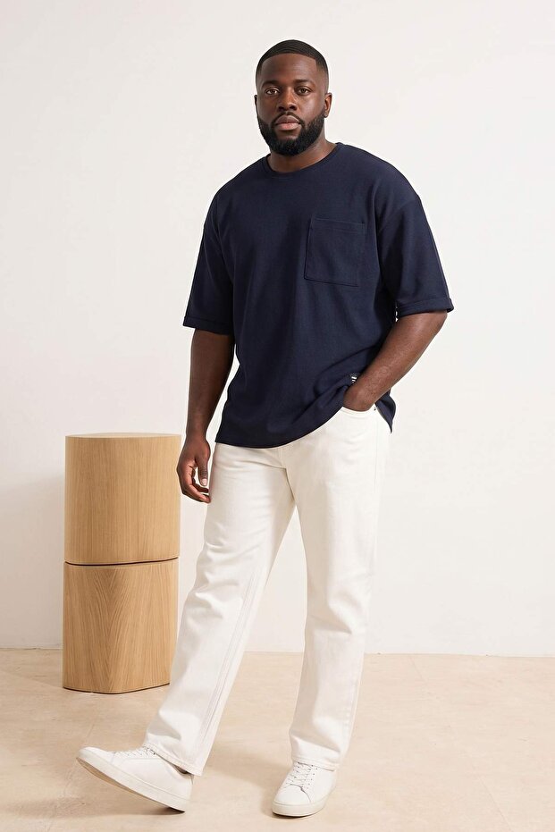 Lacivert Oversize/Geniş Kesim Bisiklet Yaka Basic Büyük Beden T-Shirt TMNSS25BF00000 - 2
