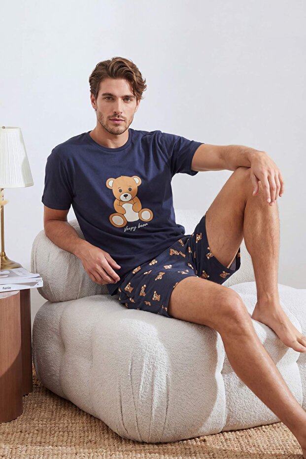 Men's Navy Blue Couple/Toddler Teddy Bear Patterned Regular Fit Summer Knitted Pajama Set Tmnss26Pt00051