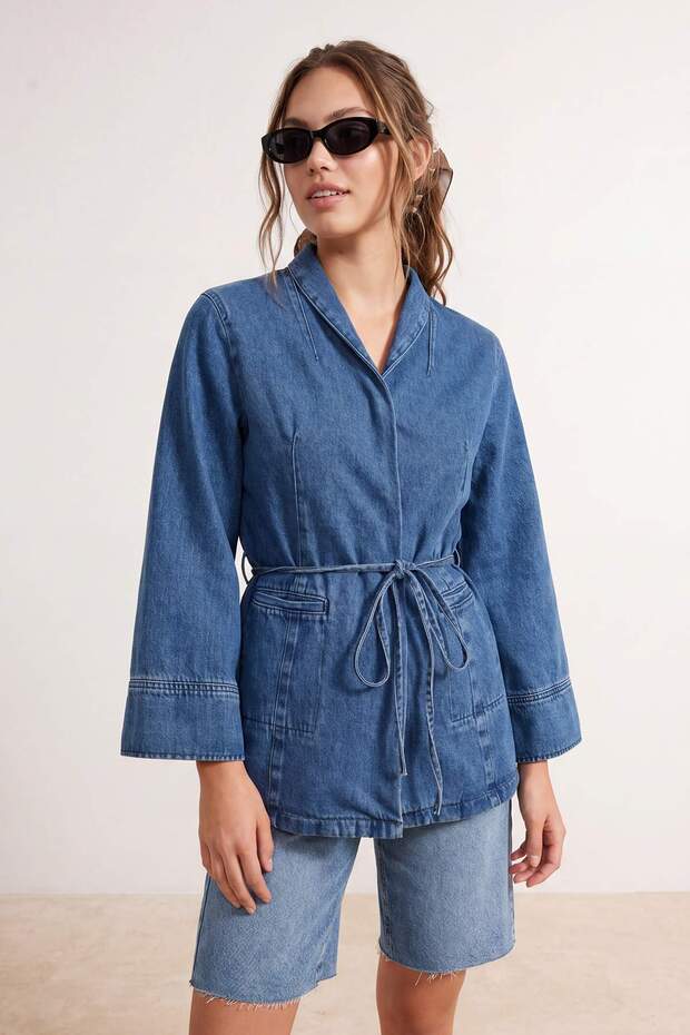 Mavi Kemerli 100% Pamuk Oversize Denim Ceket TWOSS26CE00001 - 2
