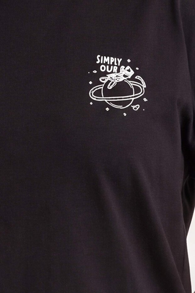 Siyah %100 Pamuk Oversize/Geniş Kalıp Galaksi Baskılı Büyük Beden Örme T-Shirt TBBSS26BF00009 - 5