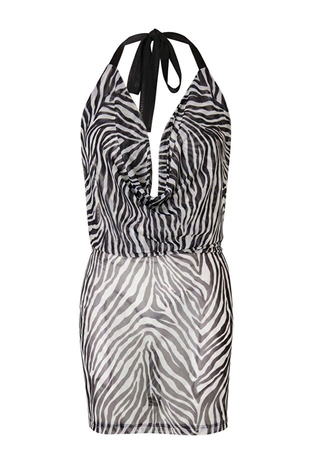 Zebra Desenli Örme Süper Mini Sırt Dekolteli Mesh Plaj Elbise TBESS26EL00082 - 5