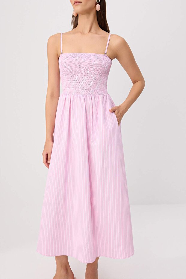 Pembe-Çok Renkli Çizgili Maxi Dokuma Elbise TWOSS26EL00836 - 3