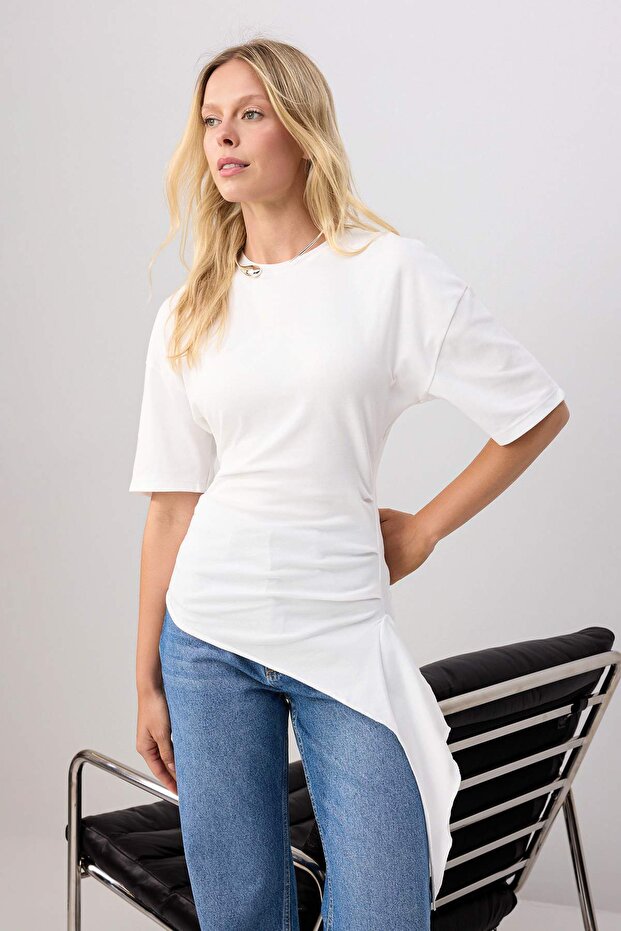 Ekru Fitted/Vücuda Oturan Kısa Kollu Büzgülü Uzun Pamuklu Esnek Örme T-shirt TWOSS26TS00307 - 2