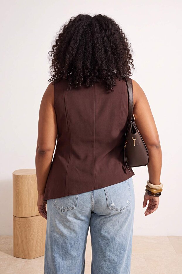 Brown Linen Look Oversized Woven Vest Tbbss26Bh00017 - 3