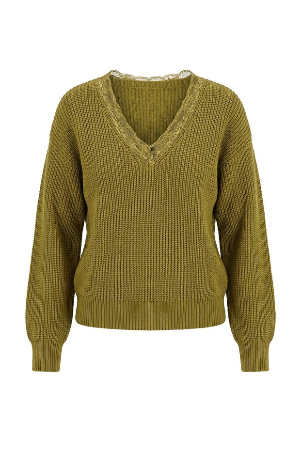 Yağ Yeşil  V Yaka Dantelli Oversize Triko Kazak TWOAW27KZ00046