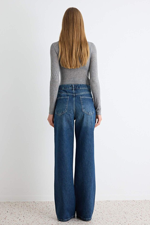 Lacivert Yüksek Bel Wide Leg Geniş Paça %100 Pamuk Non-Stretch Jeans TWOSS22JE0242 - 4