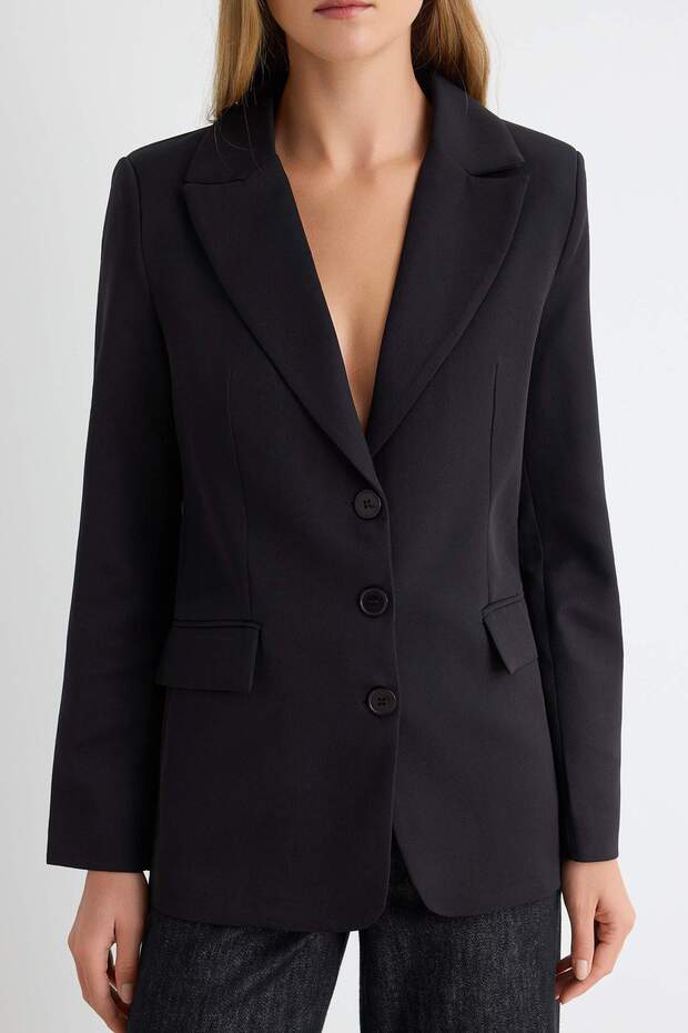 Siyah Regular Astarlı Düğmeli Dokuma Blazer Ceket TWOAW22CE0168 - 3