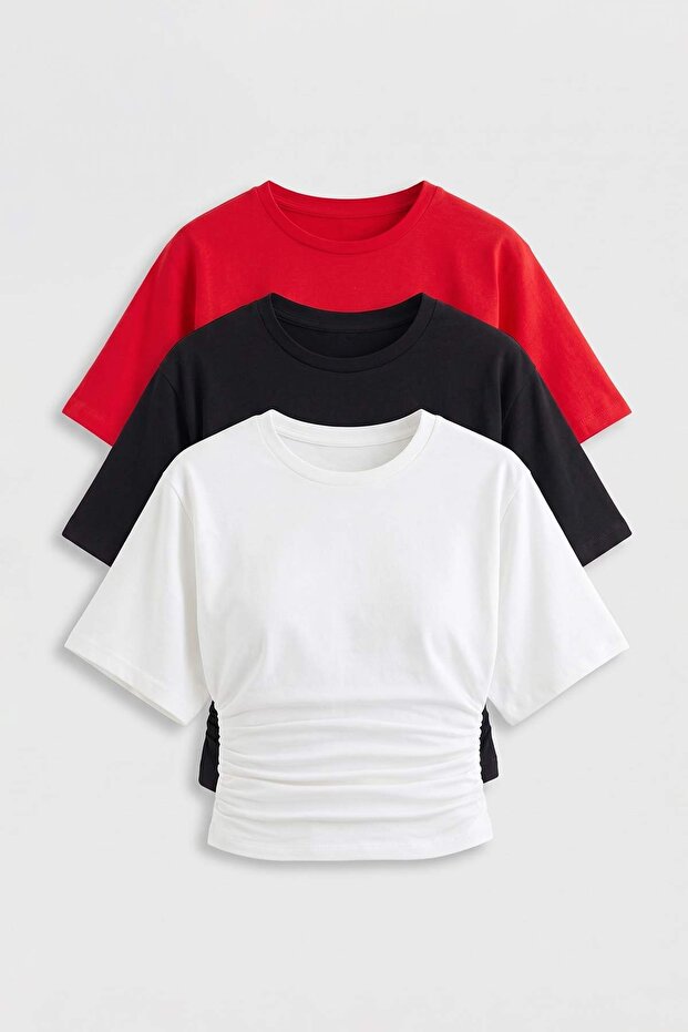 3'lü Paket Siyah-Beyaz-Kırmızı Düz Fitted Büzgülü Pamuklu Esnek Örme T-Shirt TWOSS26TS00319