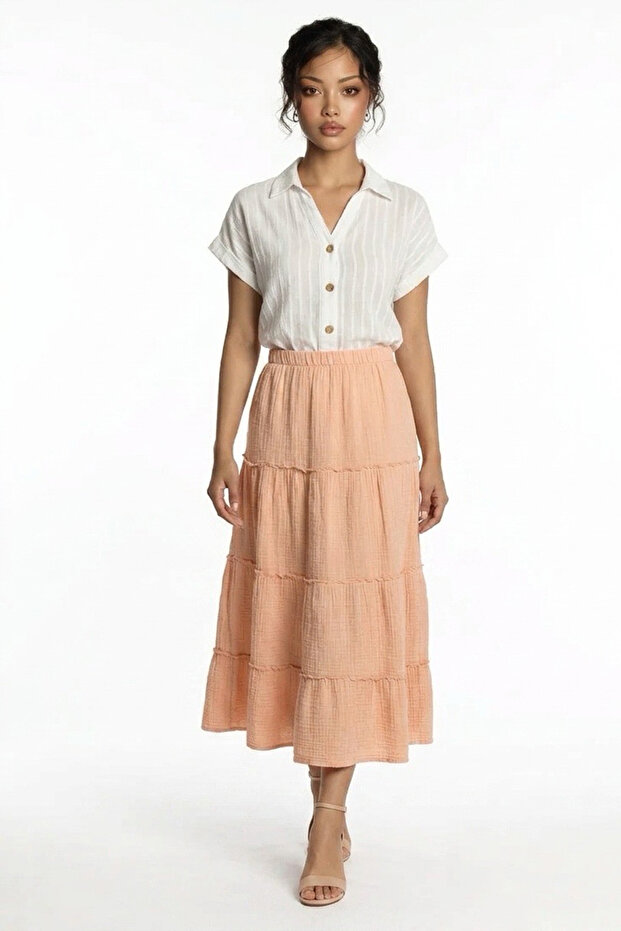 Women's Elastic Waist Layered Muslin Long Skirt