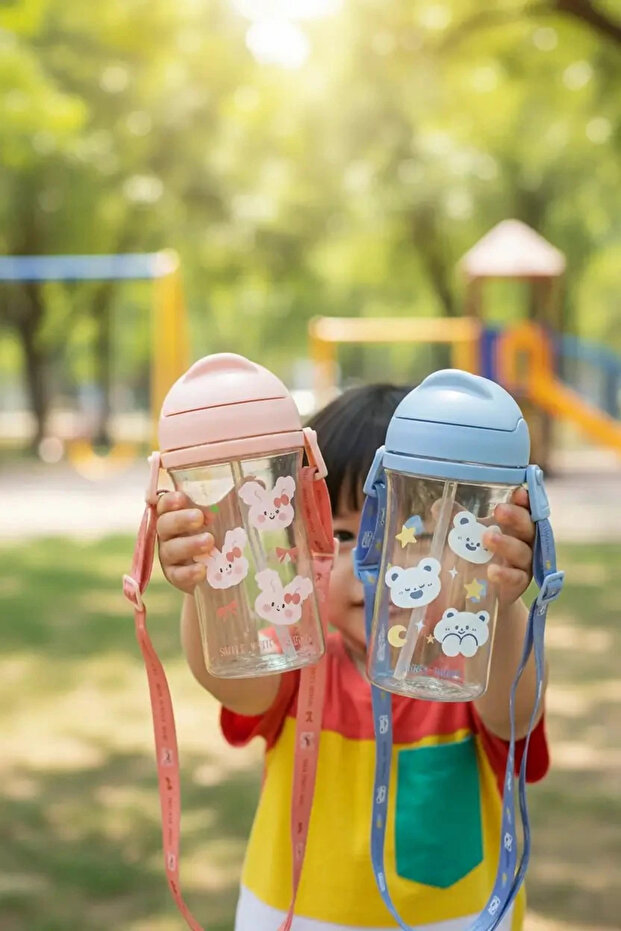 Licensed Cute Puppy Animal Series Plastic Water Bottle – 400 ml with Adjustable Strap and Straw
