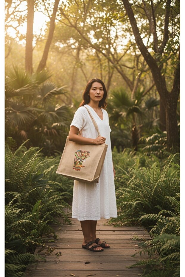Jute Bag with Elephant Printed Ribbon