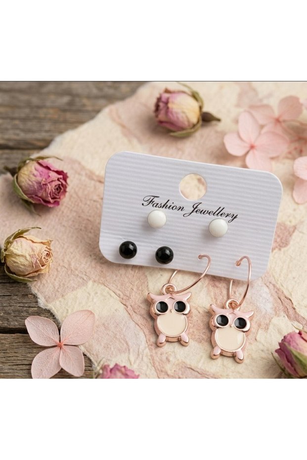 Set of 3 Pink Owl Figured and Minimal Ball Earrings