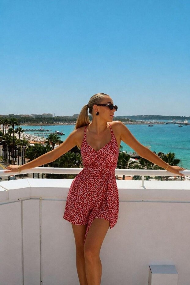 Red Patterned Strap Shorts Jumpsuit 582423