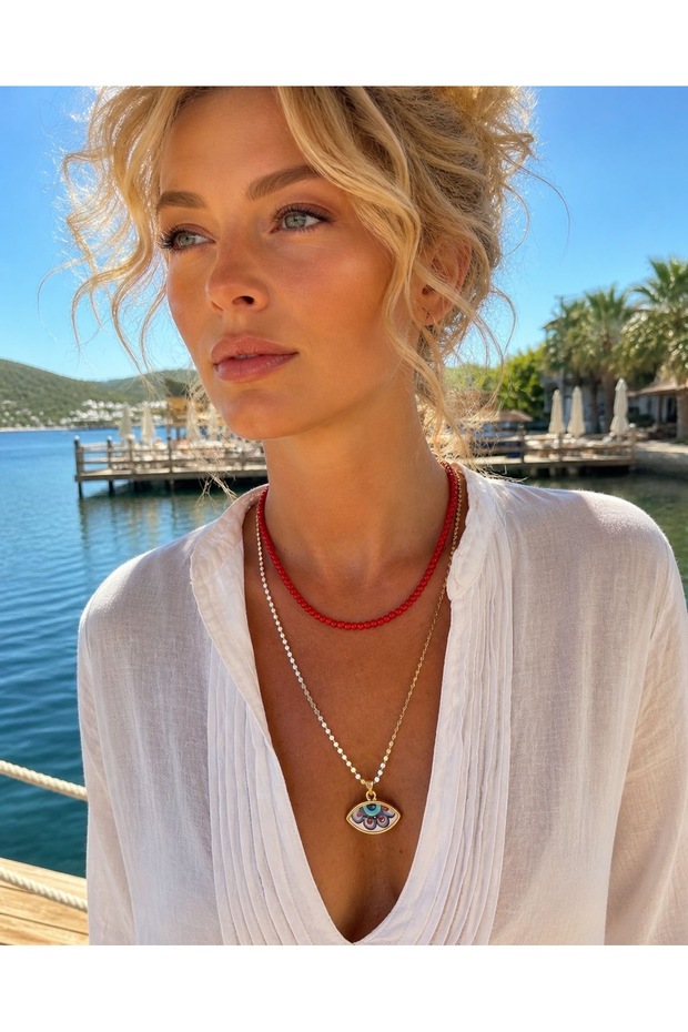 Red Pressed Porcelain Eye Detail 2-Piece Necklace Set