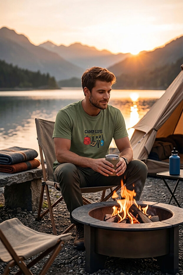 Outdoor Camp Life Minimal Design Printed Nature and Camping Unisex 100% Cotton Basic T-Shirt