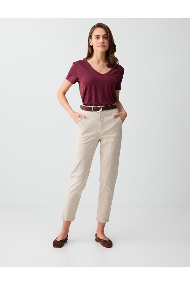 Stone Side Pocket High Waist Regular Leg Woven Trousers
