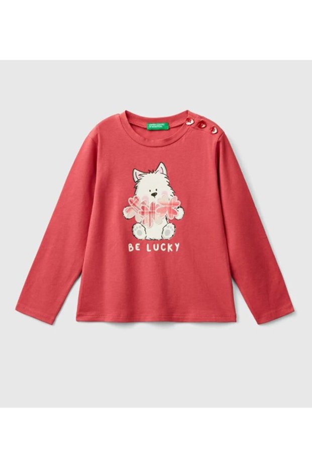 Baby Girl Be Lucky Printed T-Shirt with Bear Gkb1045