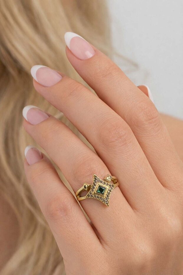 Green Stone Adjustable Geometric Shape Ring - 3