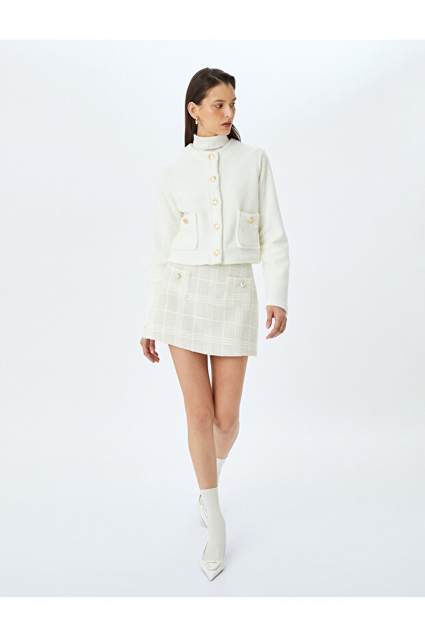Round Neck Gold Button Detailed Plush Cardigan with Pockets