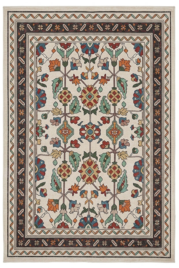 Anatolian Ethnic Patterned Non-Slip Base Carpet – Cream Floor Decorative Living Room Carpet 2268