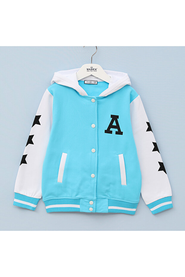 Girl's Long Sleeve Hooded College Jacket - 23066 - Turquoise