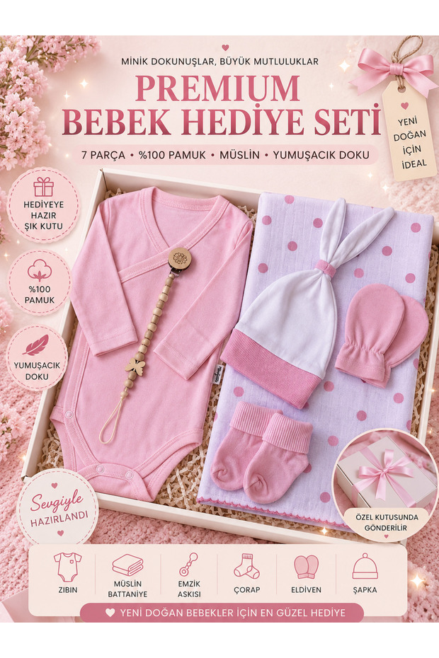Newborn Baby Girl Gift Set | Hat, Gloves, Bodysuit, Socks, Muslin Blanket and Pacifier Strap