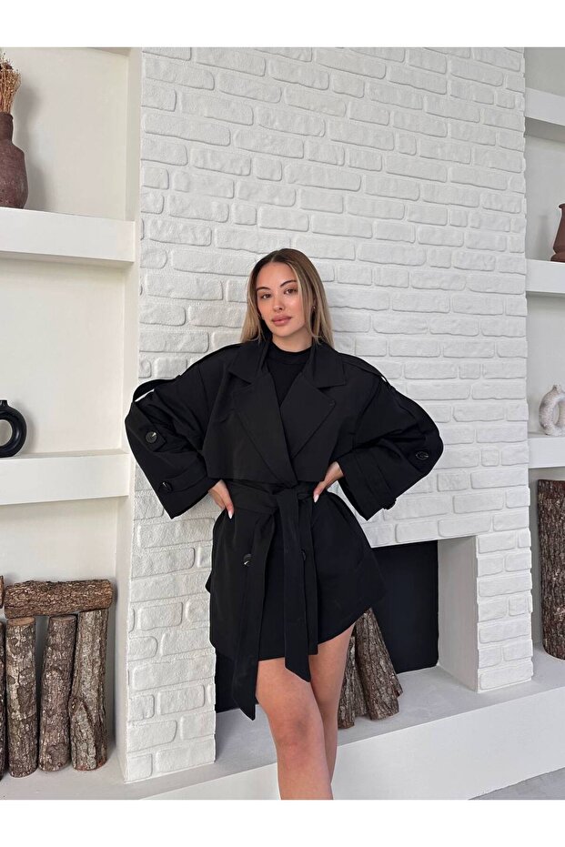 Women's Belt Detailed Short Trench Coat Black