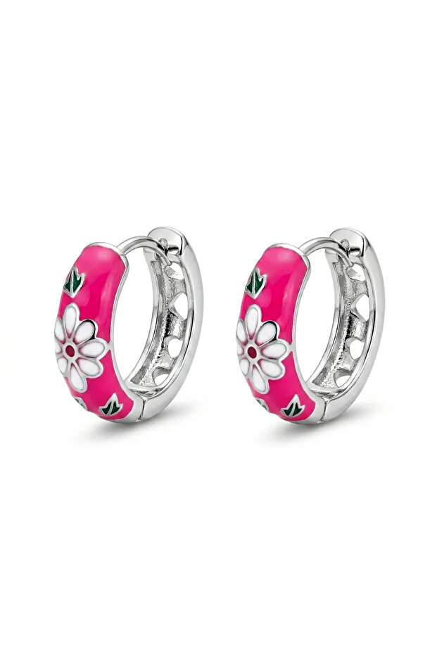 Tarnish Resistant Steel Silver Color Pink Enamel Floral Hoop Earrings - Gift Boxed