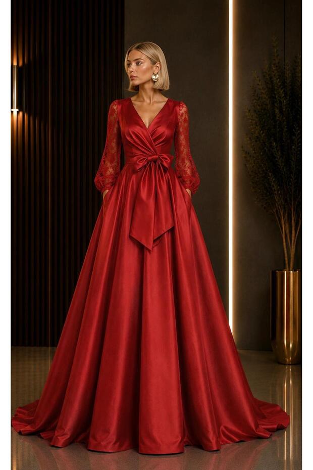 Maxi Boy Portable Belted Sleeve Lace Detailed Stylish Event Dress Cou-35
