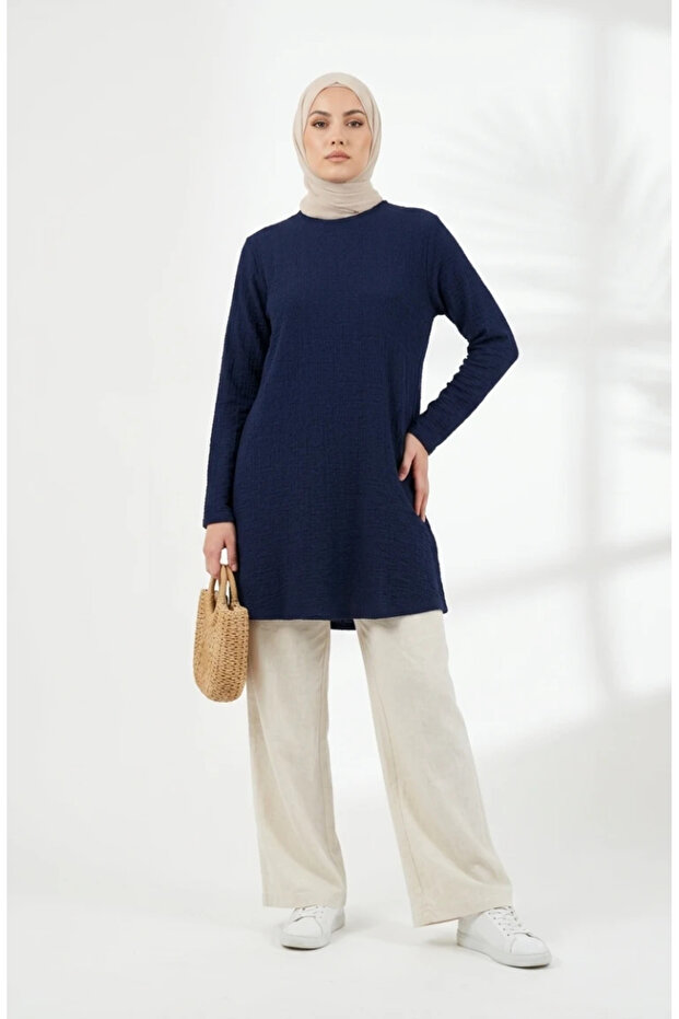 Bubble Fabric Relaxed Fit Tunic 0506-06 Navy Blue