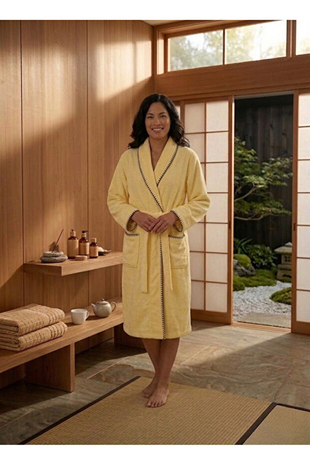 Shawl Collar Long Women's Bathrobe – Cotton Kimono with Shepherd Stitching