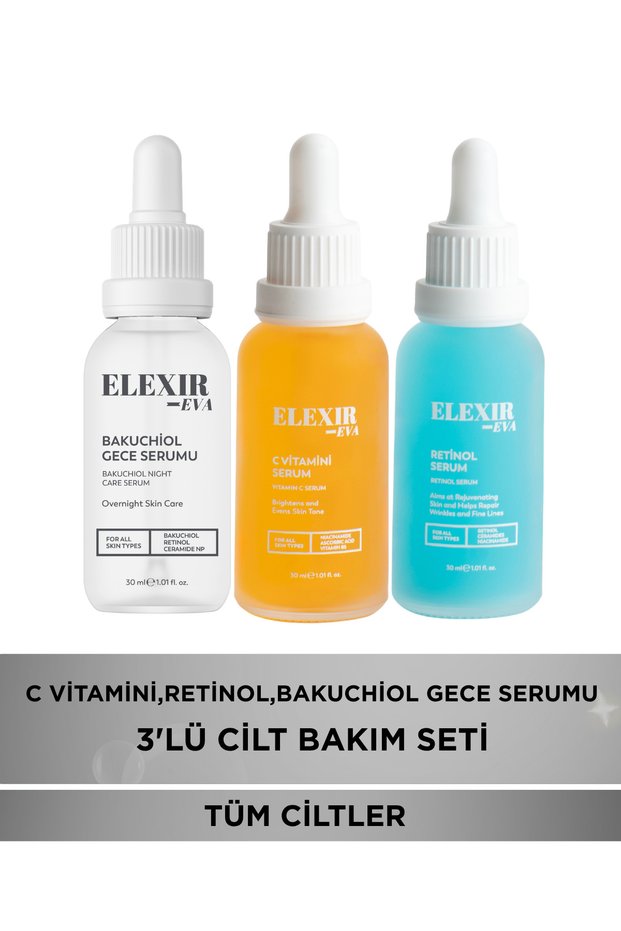 3-Pack Serum Set | Vitamin C Serum 30 ml + Retinol Serum 30 ml + Bakuchiol Night Serum 30 ml | Anti-Spot and Anti-Aging Skin Care Set