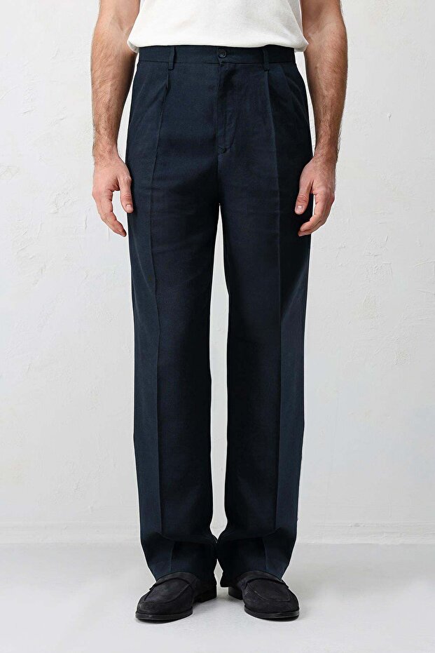 Navy Blue Linen Blended Men's Baggy Trousers