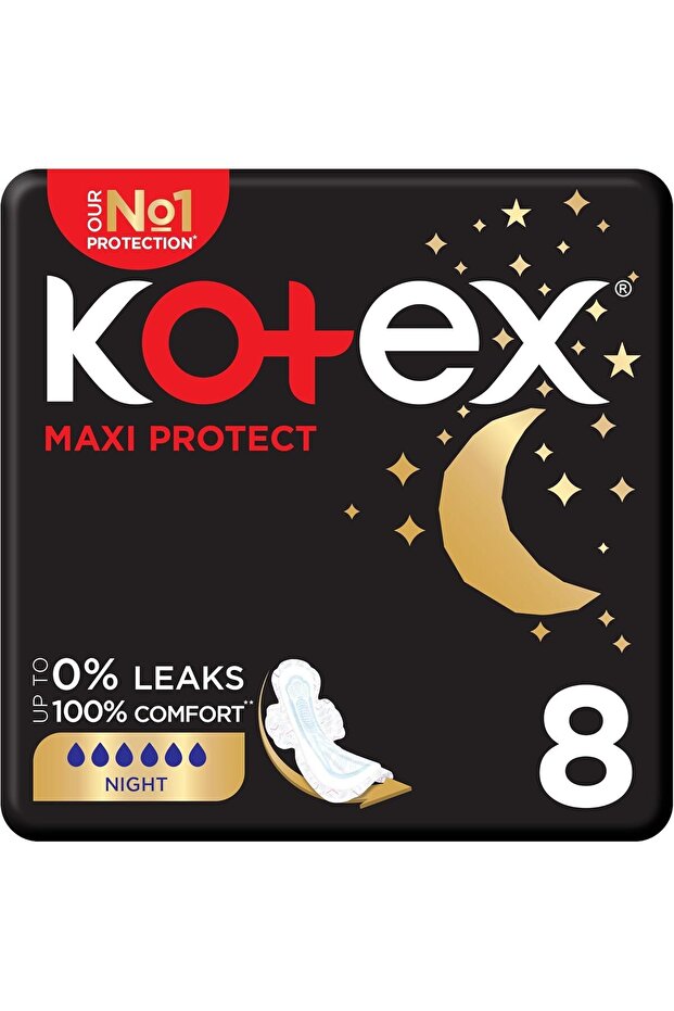 Kotex Maxi Protect Thick Pads, Overnight Protection Sanitary Pads with Wings, 8 Sanitary Pads