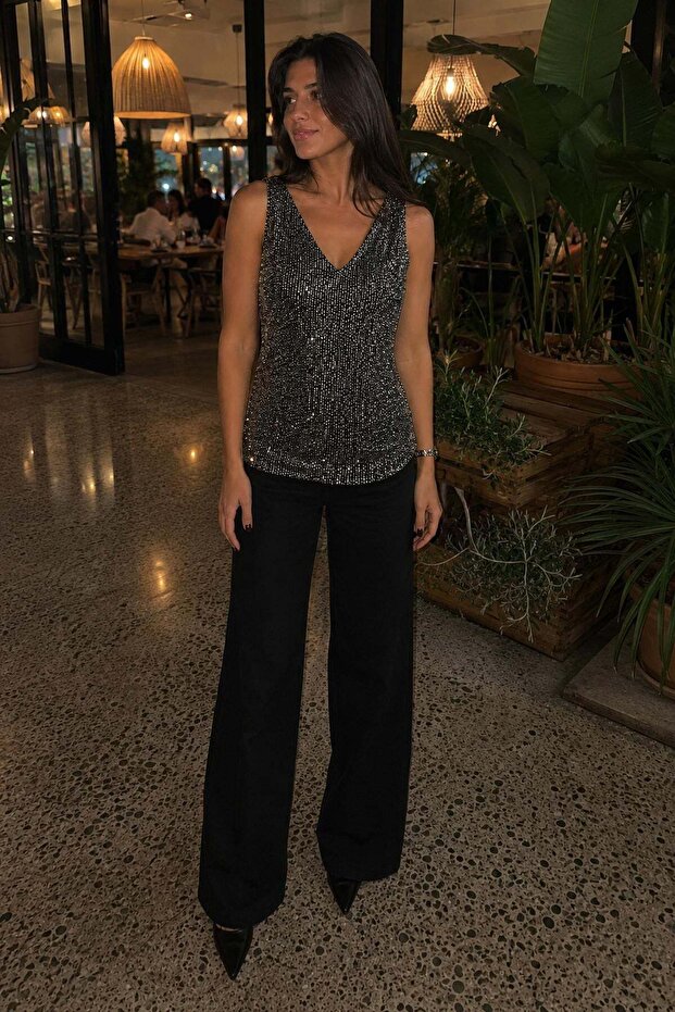 Black Sequined V-Neck Strap Blouse - 3