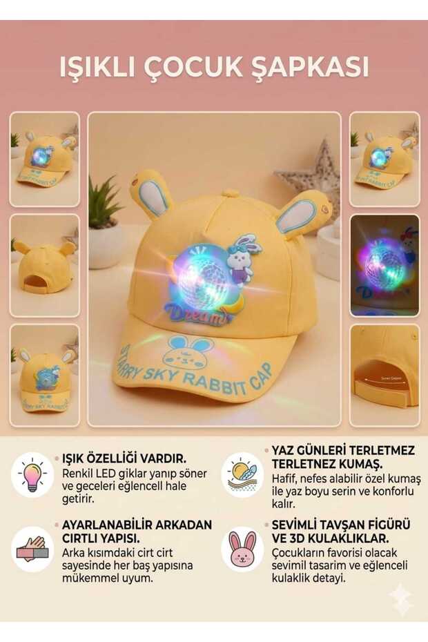 Girl's Yellow Light-Up Cute Rabbit-Shaped Adjustable Cap with Velcro Feature