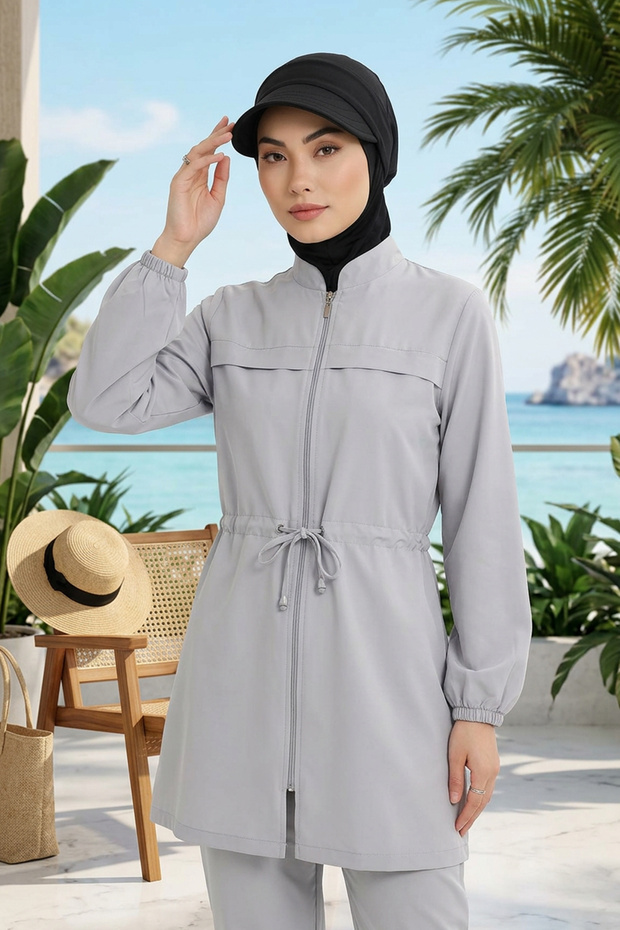 قبعة سباحة إسلامية (للبحر، حمام السباحة) مع حاجب للشمس قابل للإزالة، B-82SN، أسود