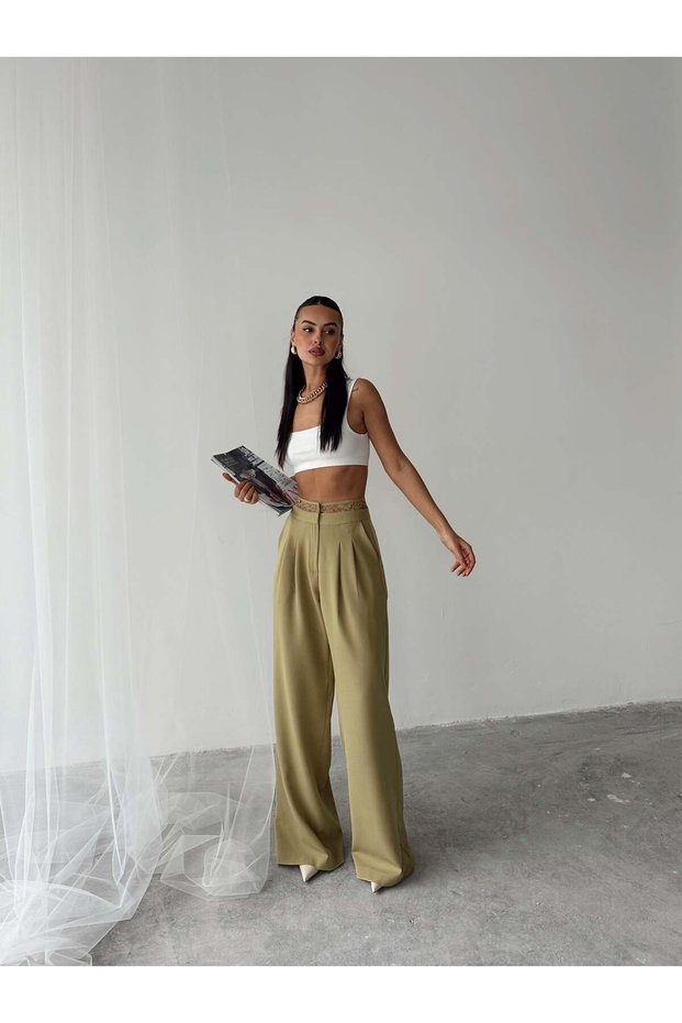 Lace Detailed Palazzo Trousers - Oil Green