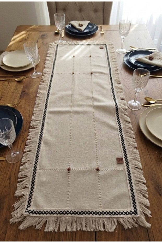Buldan Cendere Cloth Lace Authentic Coffee Beaded Handcrafted Antique Fringed 50X135 cm Runner