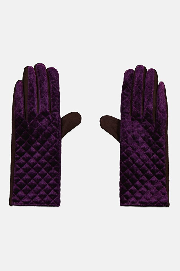 Women 1 Pair Velvet Quilted Gloves, Purple