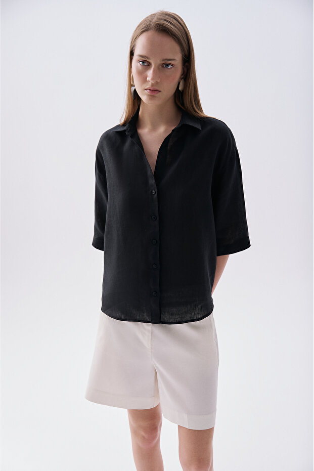 Women's Black 3/4 Sleeve Linen Shirt